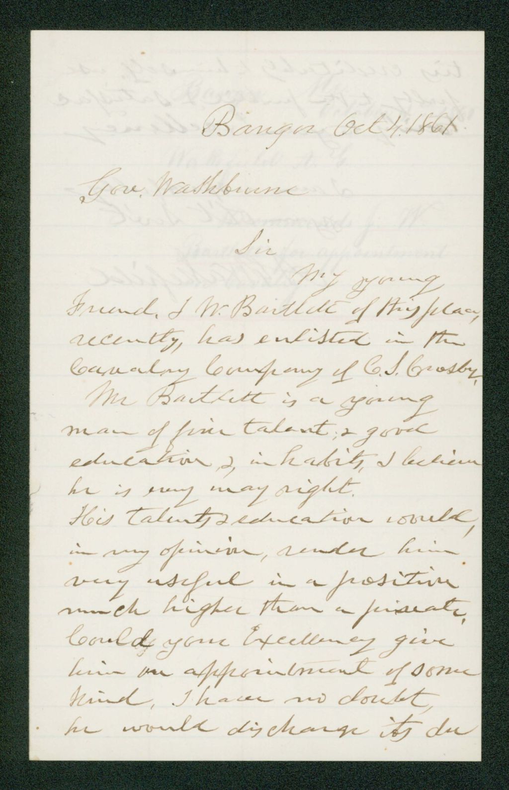 Miniature of A.G. Wakefield recommends J.W. Bartlett for a commission