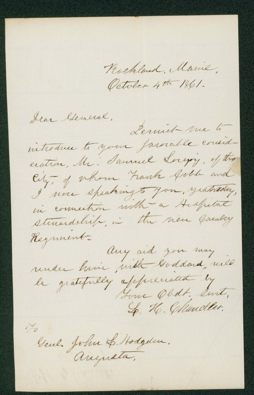 Miniature of L.H. Chandler recommends Samuel Lovejoy for a position as hospital steward