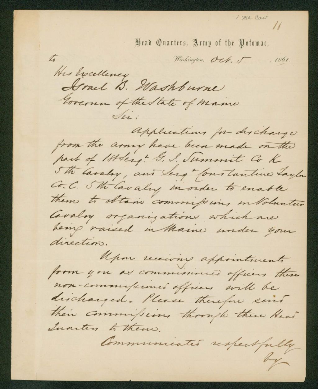 Miniature of Assistant Adjutant General Williams requests commission papers for Sergeant Summit of Company K, 5th Cavalry, and Sergeant Constantine Taylor of Company C, 5th Cavalry