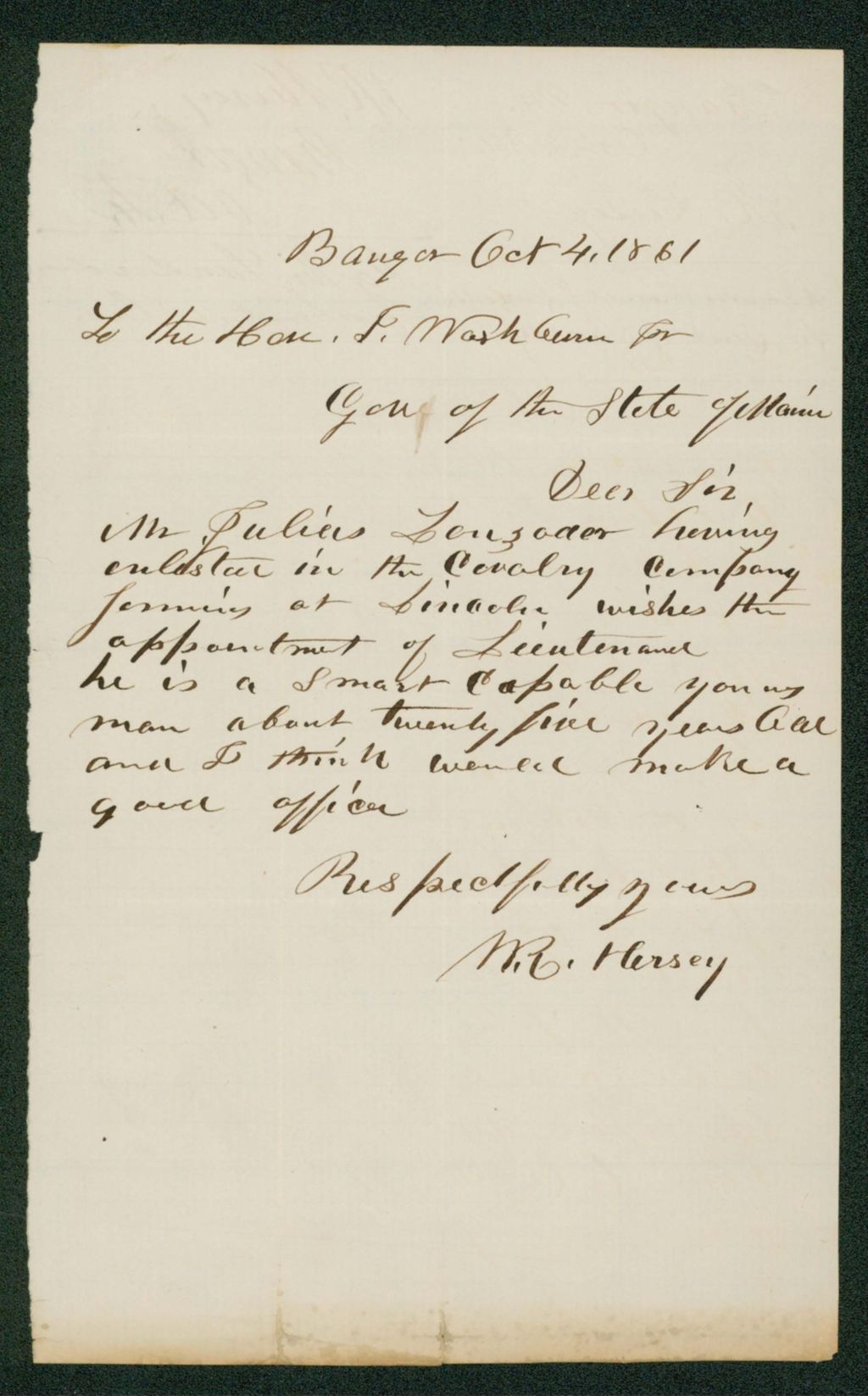 Miniature of Mr. Hersey rcommends J. Leuzader for a position as lieutenant