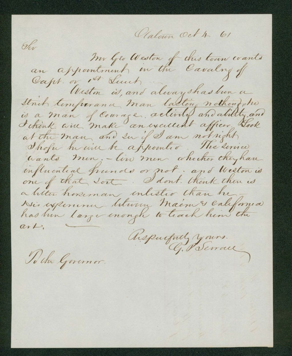 Miniature of G.P. Sewall recommends George Weston for appointment as captain