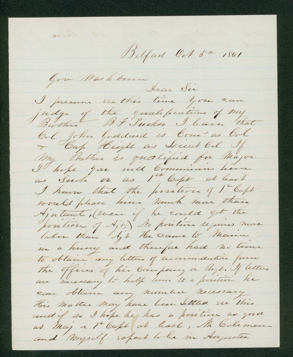 Miniature of J.D. Tucker recommends his brother Benjamin F. Tucker for appointment as major