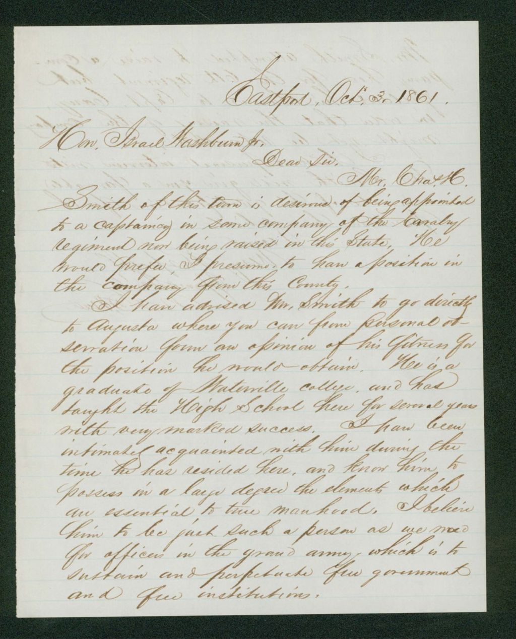 Miniature of Mr. Nutt recommends Charles H. Smith for position as captain