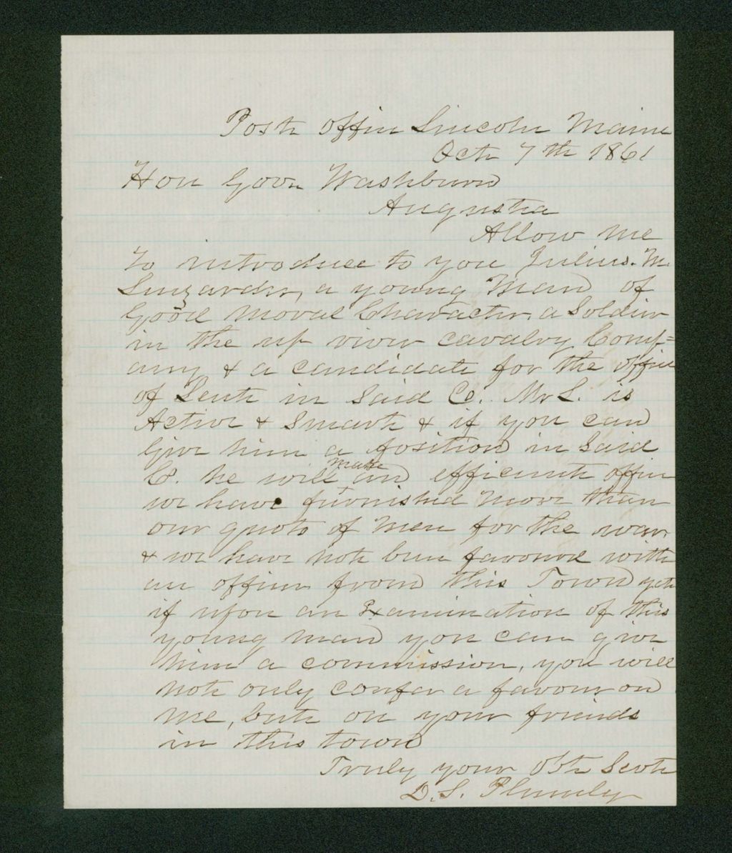 Miniature of D.S. Plumly recommends Julius M. Leuzarder for lieutenant