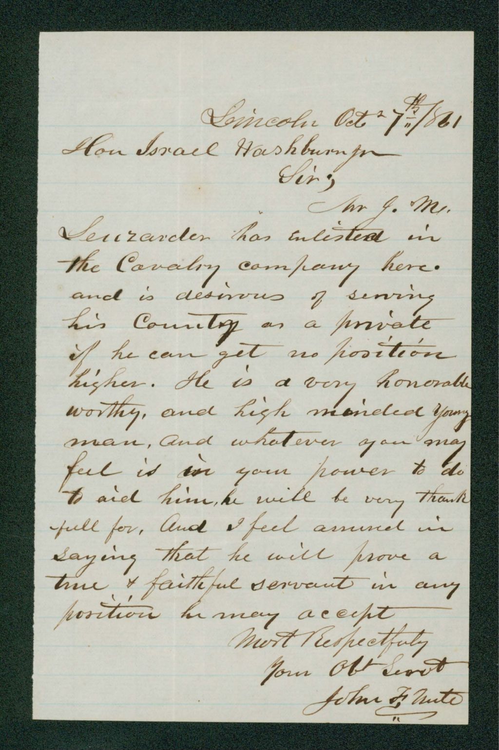 Miniature of John F. Nutt recommends Julius Leuzarder for a position as a private