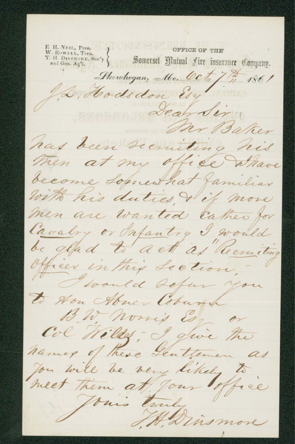 Miniature of T.H. Dinsmore offers his services as recruiting agent