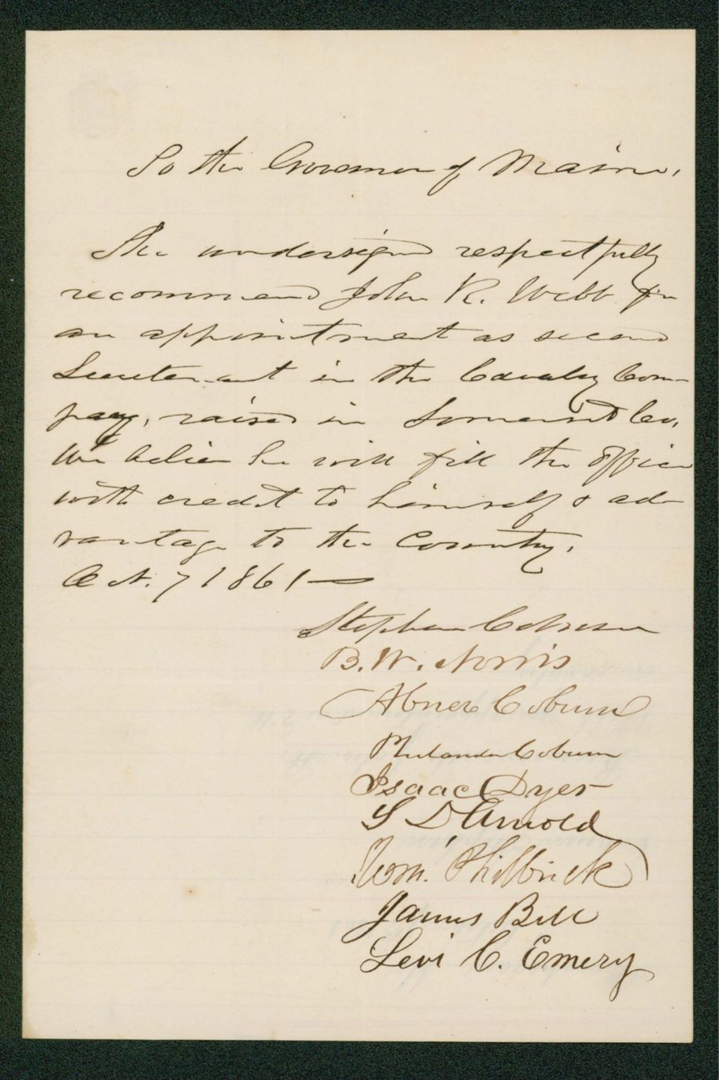 Miniature of Stephen Coburn and others recommend John R. Webb for appointment as lieutenant