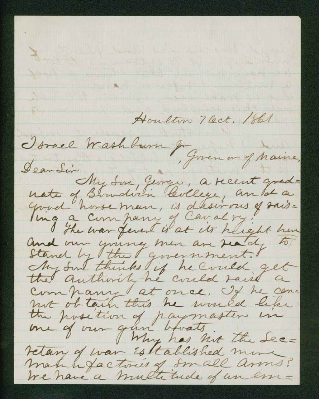 Miniature of Shephard Cary requests that his son George be able to raise a company of cavalry recruits