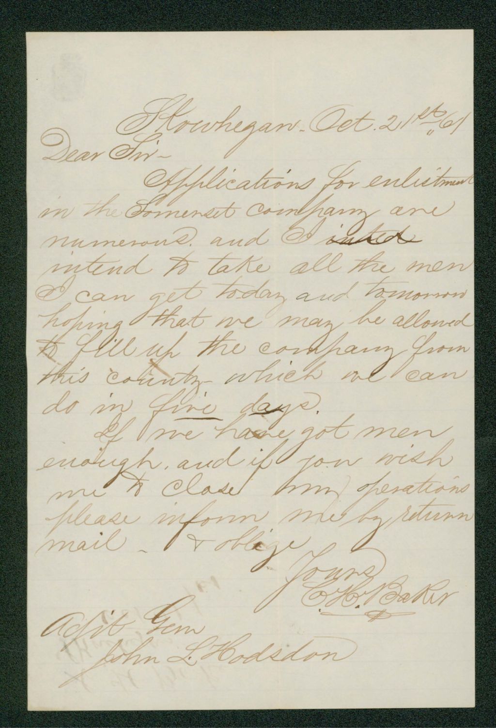 Miniature of Charles H. Baker reports that he has numerous new recruits