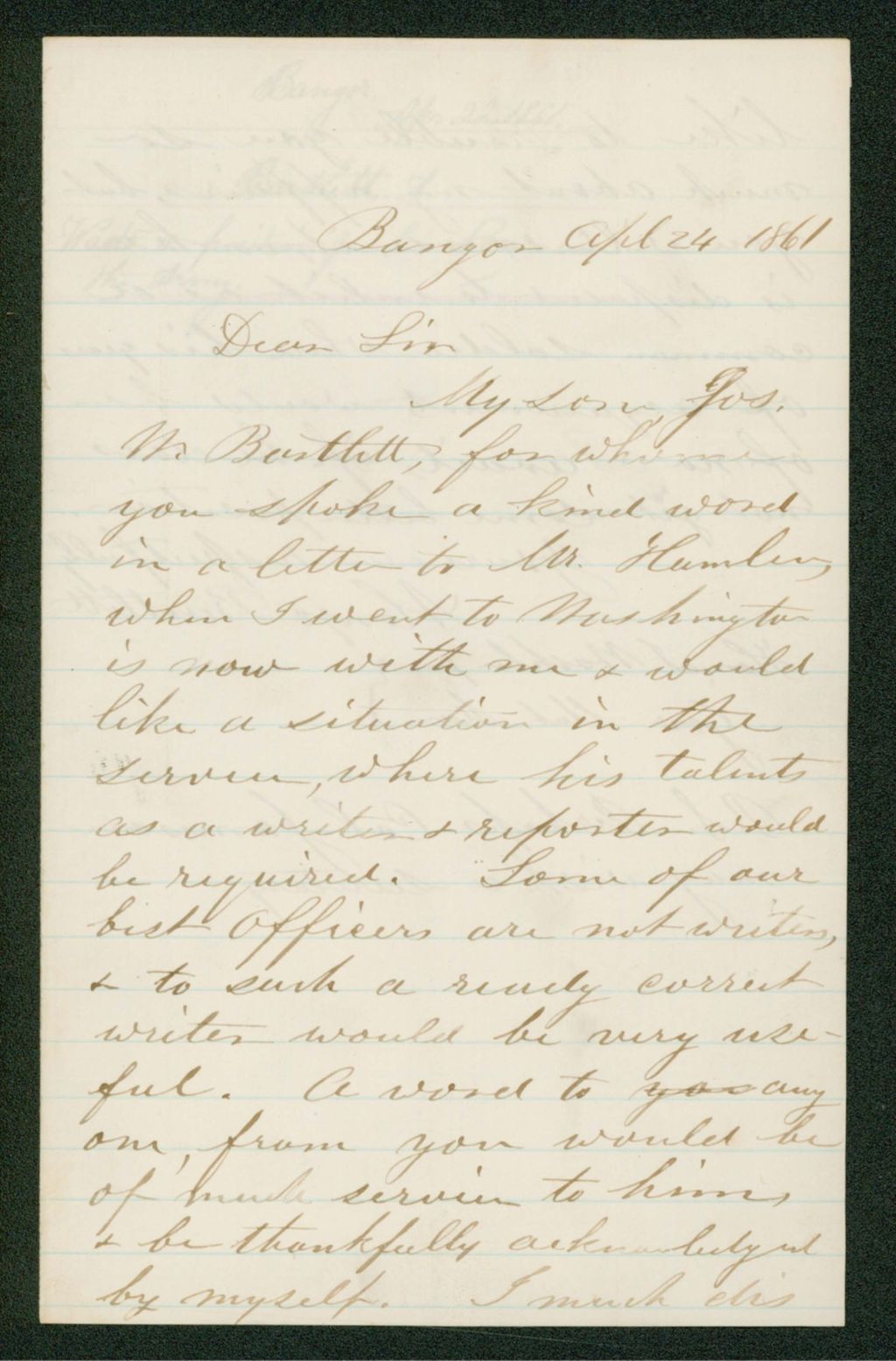 Miniature of Alonzo Bartlett inquires about a position for his son Joseph as a writer or reporter