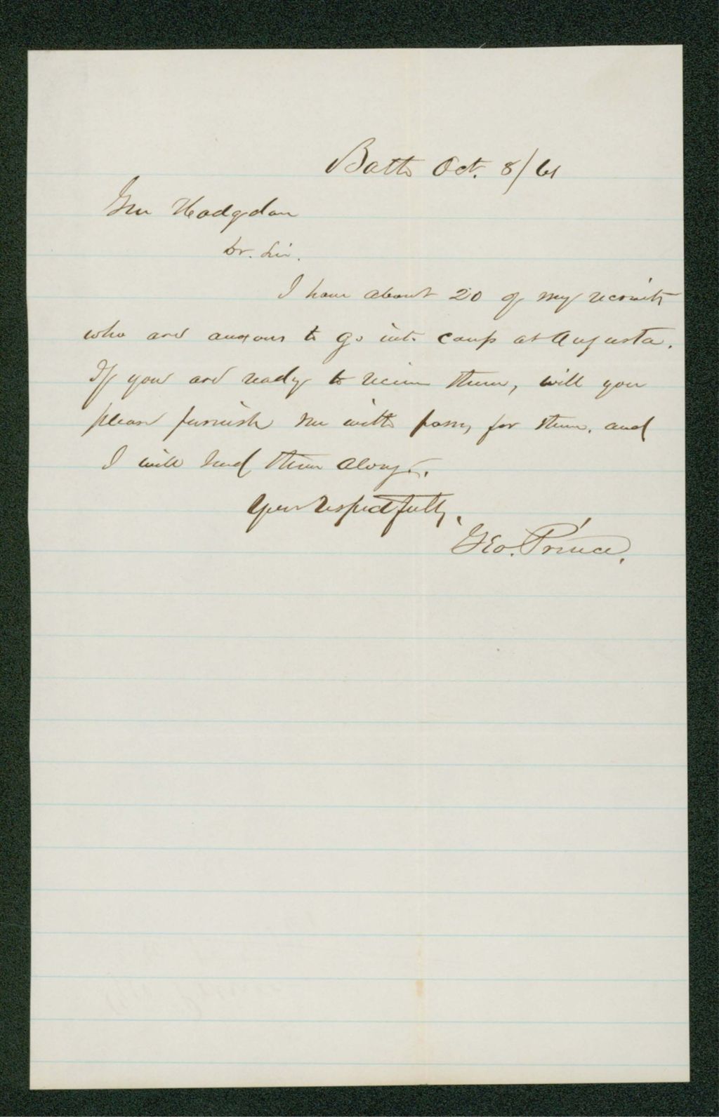 Miniature of George Prince informs General Hodsdon he has 20 recruits ready for camp in Augusta