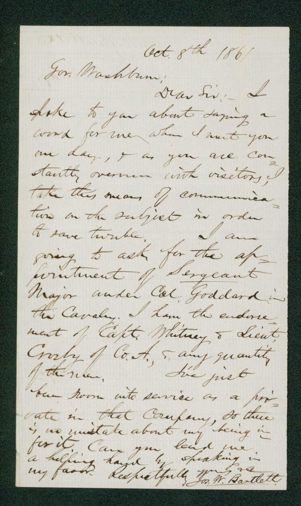 Miniature of Joseph W. Bartlett requests position as Sergeant Major