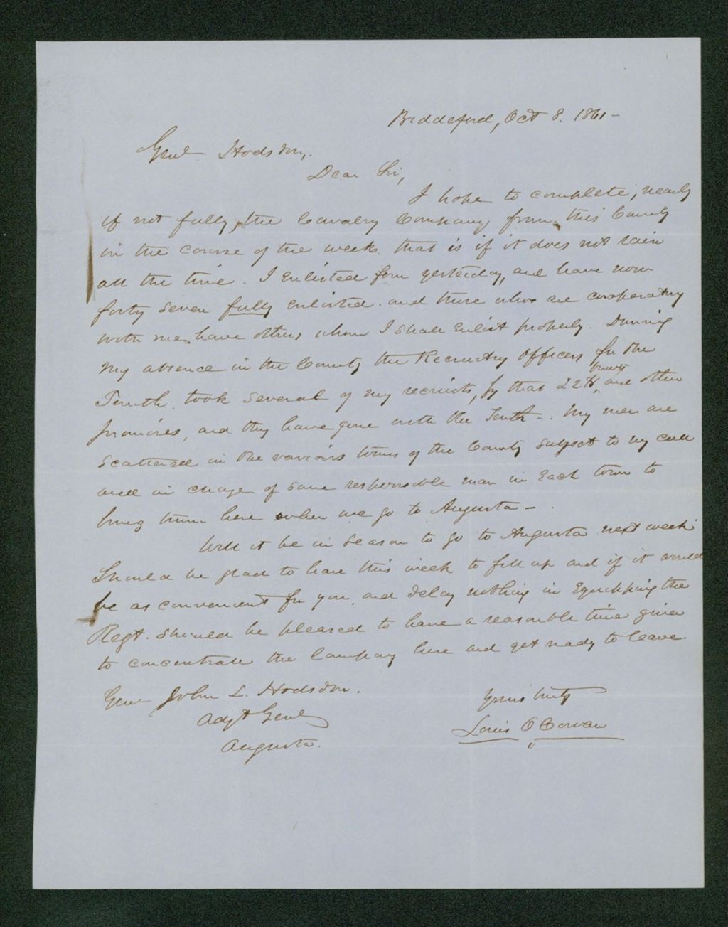 Miniature of Louis Cowan informs General Hodsdon he has recruited a cavalry company