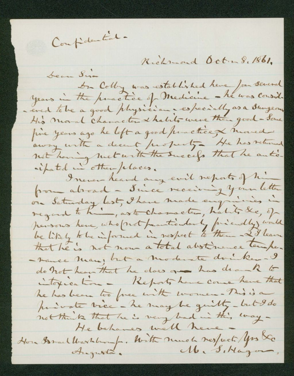 Miniature of M.S. Hagar reports on Dr. Colby to Governor Washburn