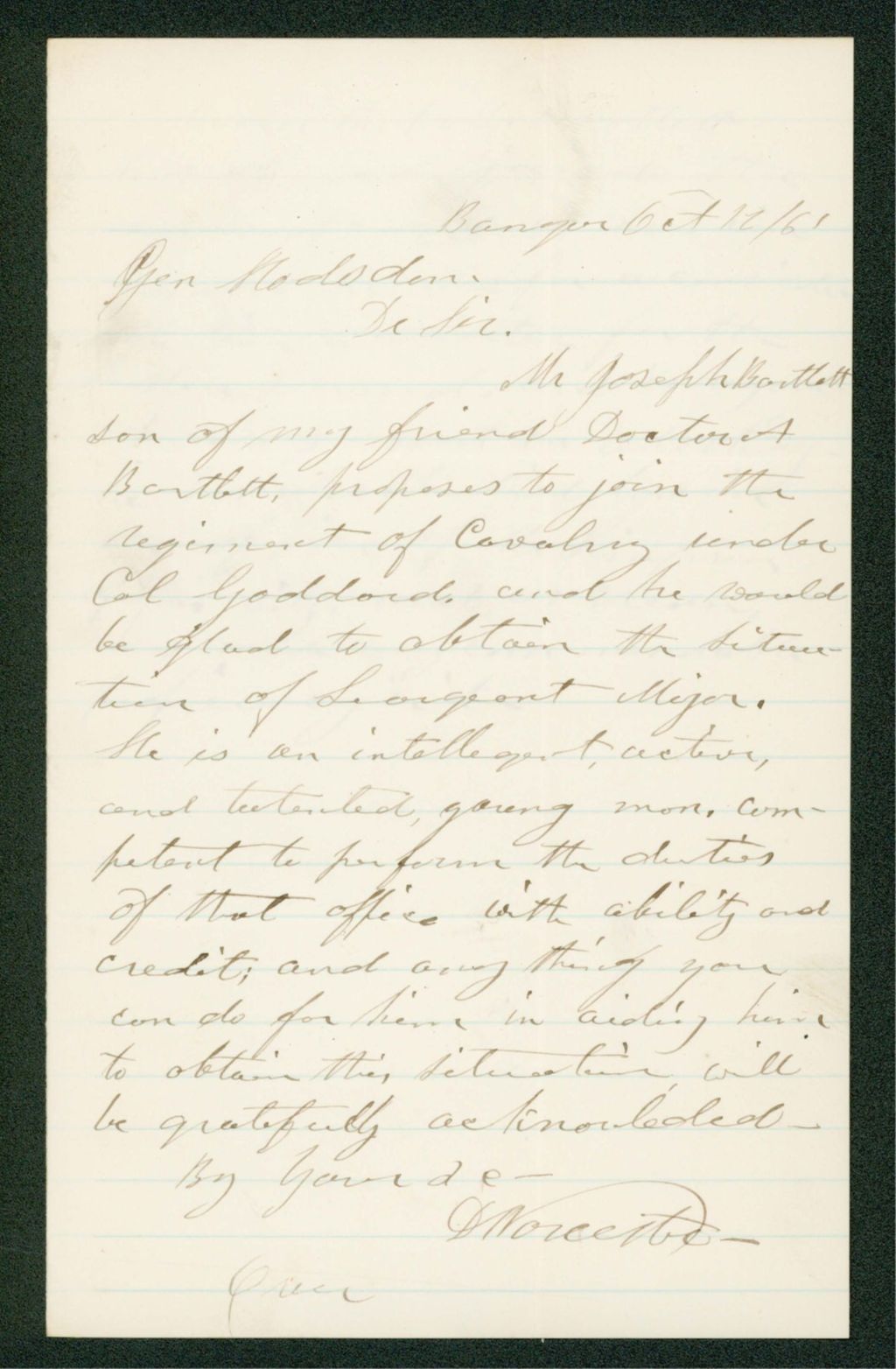 Miniature of D. Worcester recommends Joseph Bartlett for sergeant major