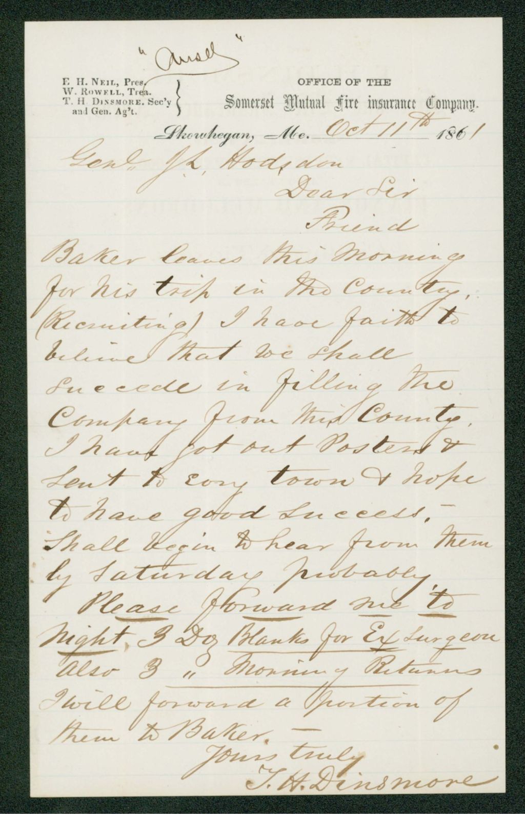 Miniature of T.H. Dinsmore requests recruiting blanks and morning returns