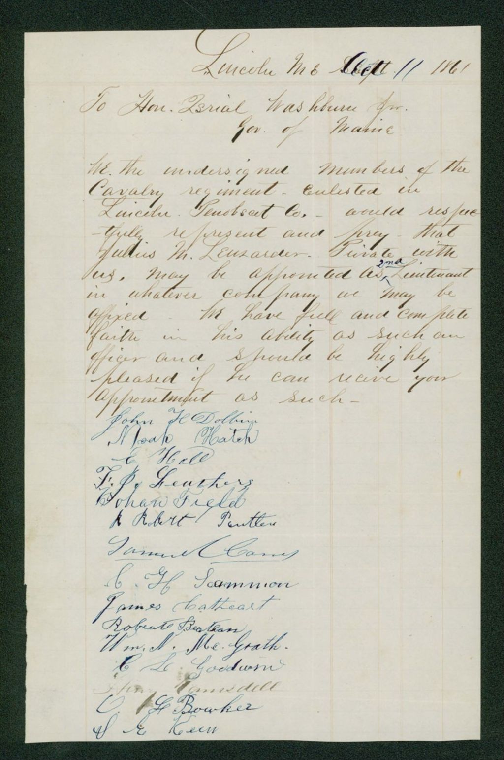 Miniature of Members of the Lincoln-Penobscot Company request appointment of Julius M. Leuzander as lieutenant