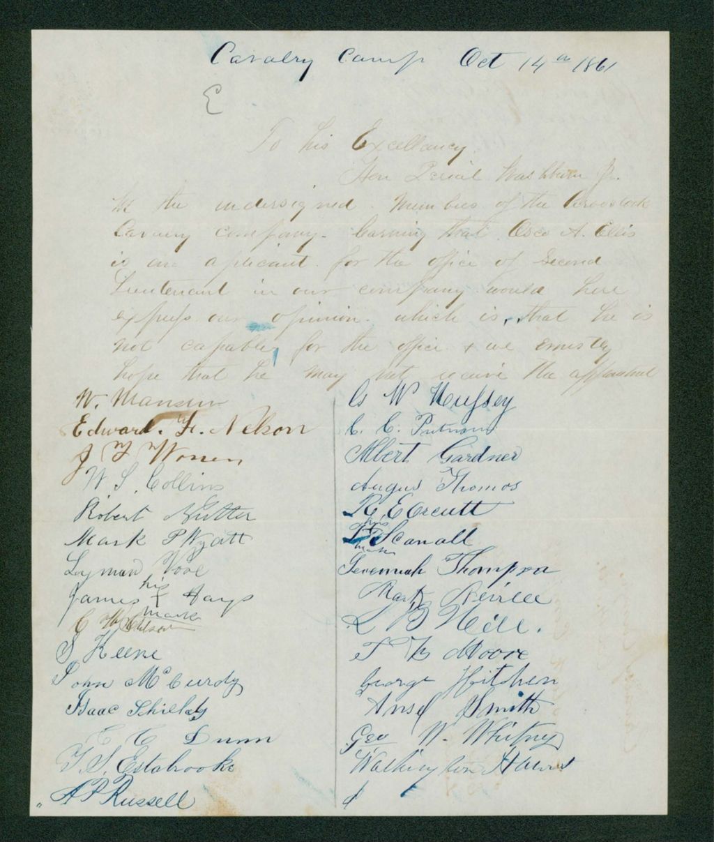 Miniature of Members of the Aroostook Cavalry Company request that Osco A. Ellis not be commissioned as Lieutenant