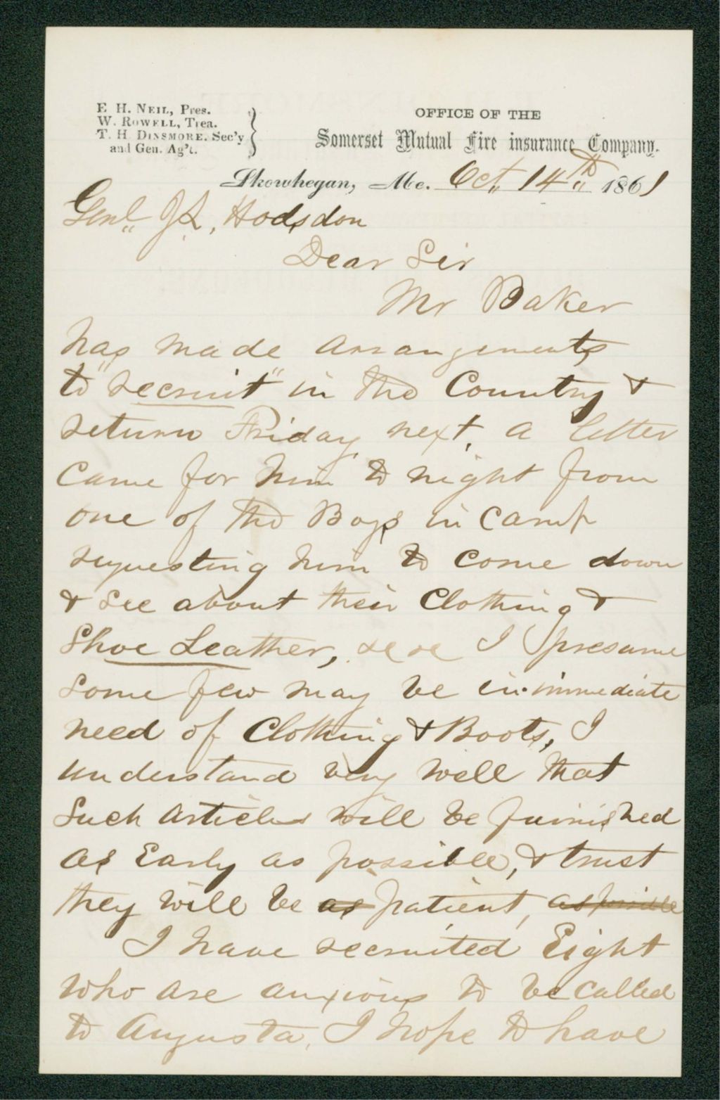 Miniature of T.H. Dinsmore inquires about clothing and shoes for recruits