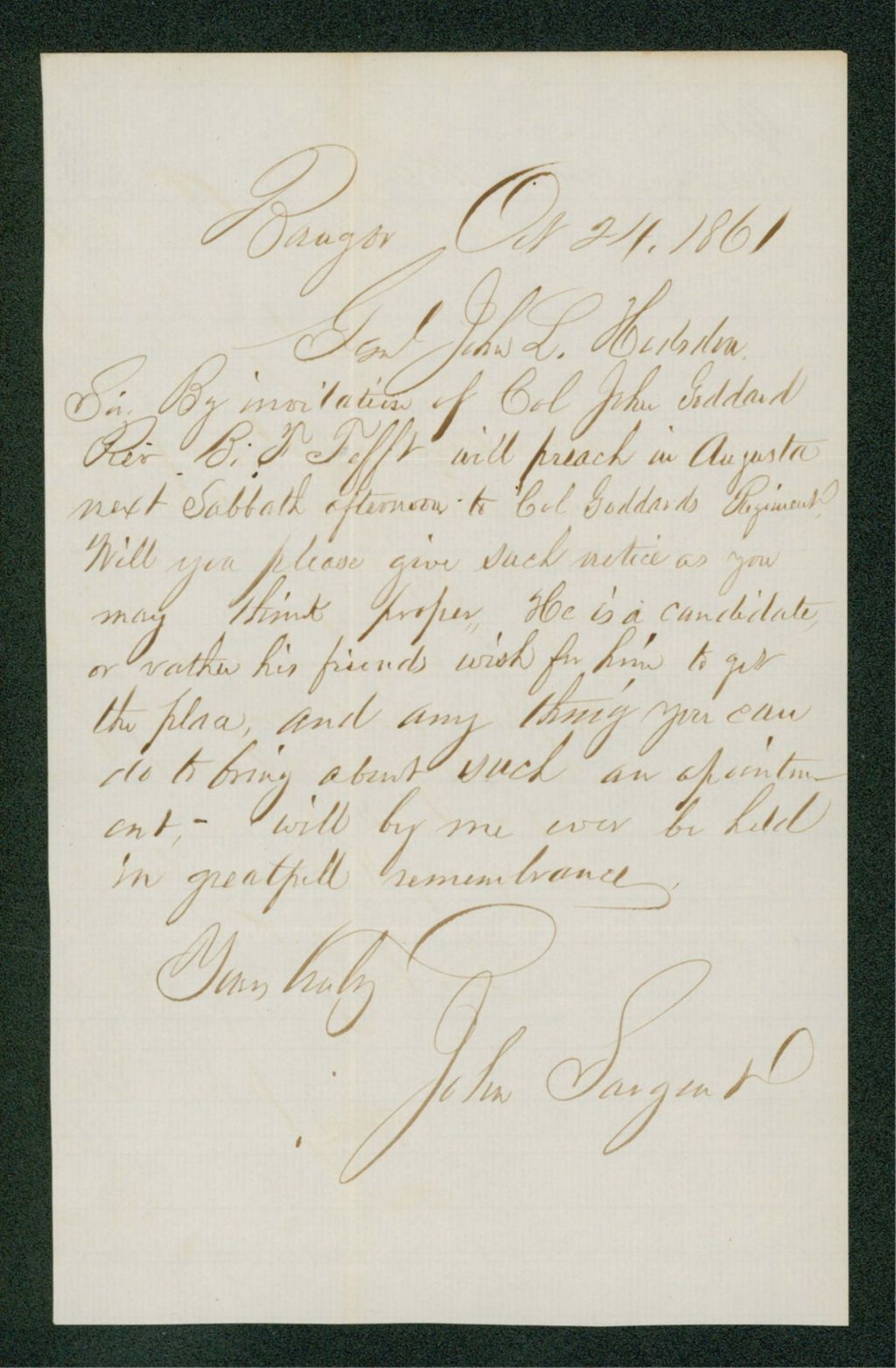 Miniature of John Sargent requests that Reverend B. Tefft be given the chaplaincy