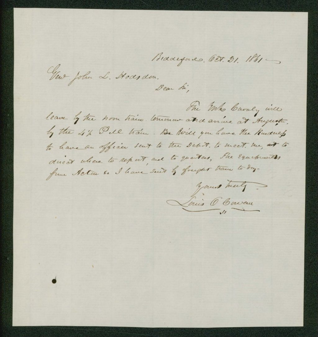 Miniature of Louis Cowan informs General Hodsdon that the cavalry will arrive in Augusta by train the following day
