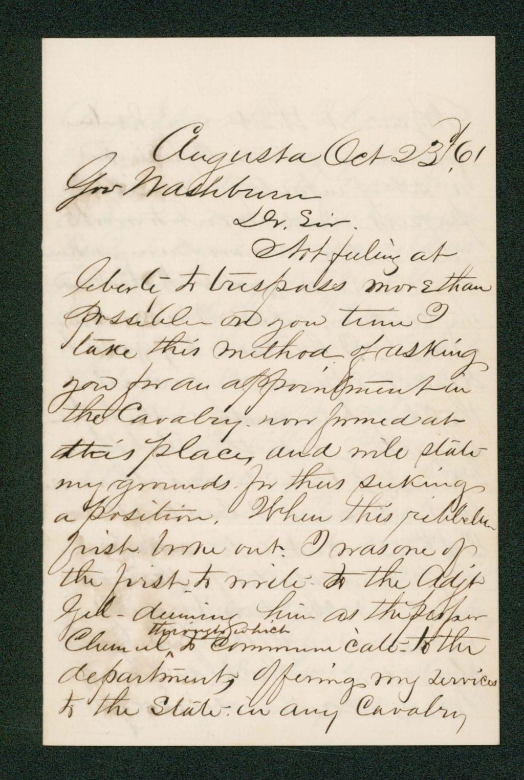 Miniature of Joseph C. Hill requests an appointment in the cavalry
