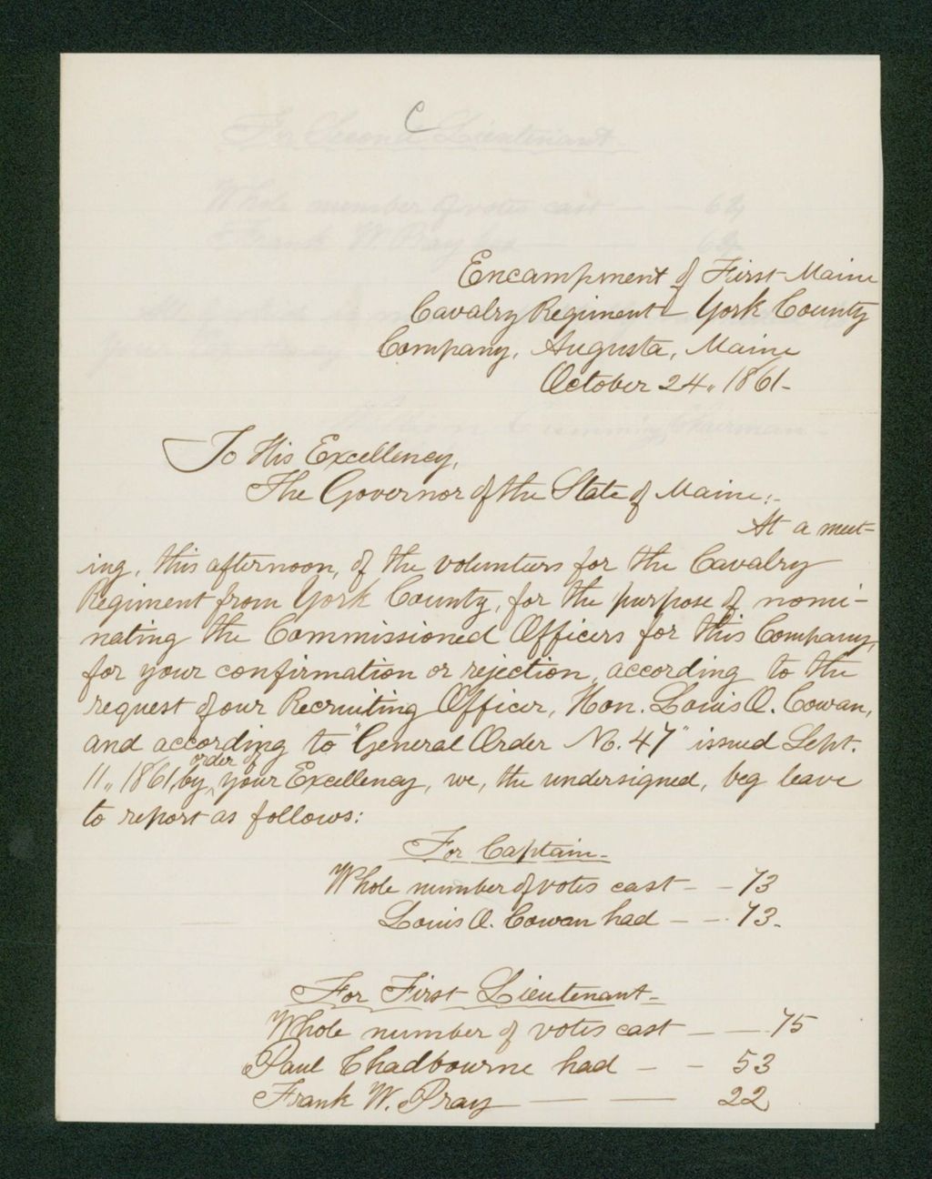 Miniature of William Cummings reports the election of officers for York County Company of the cavalry