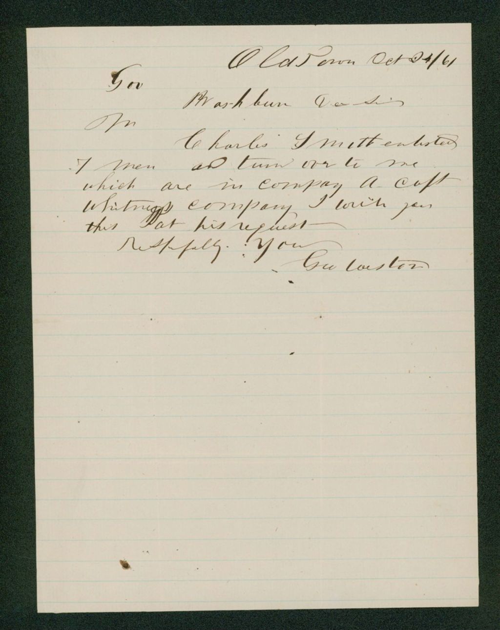Miniature of George Weston writes Governor Washburn regarding enlistments by Charles Smith