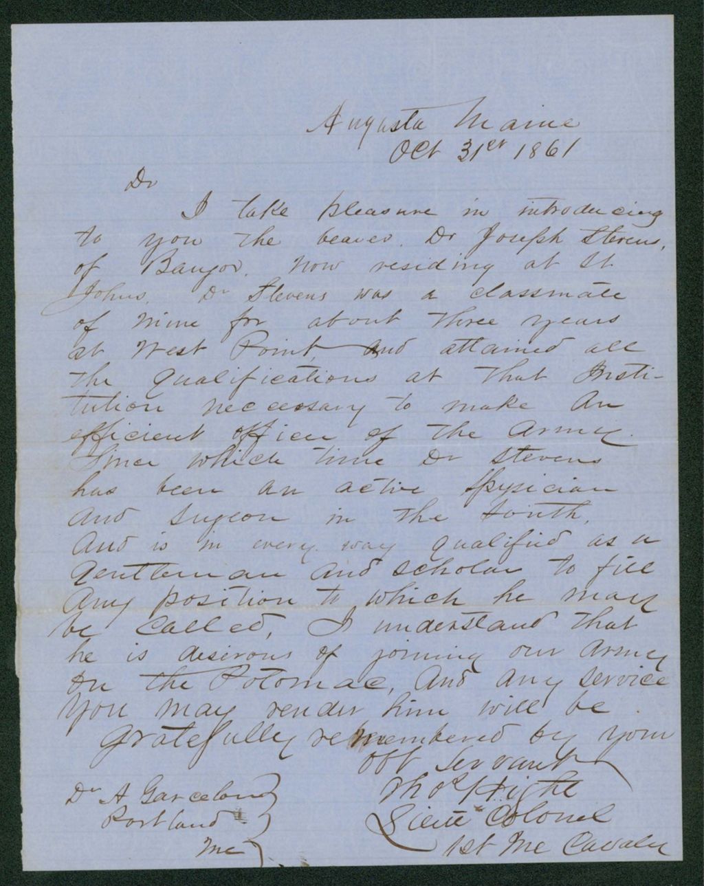 Miniature of Lieutenant Colonel Thomas Hight recommends Dr. Joseph Stevens for surgeon