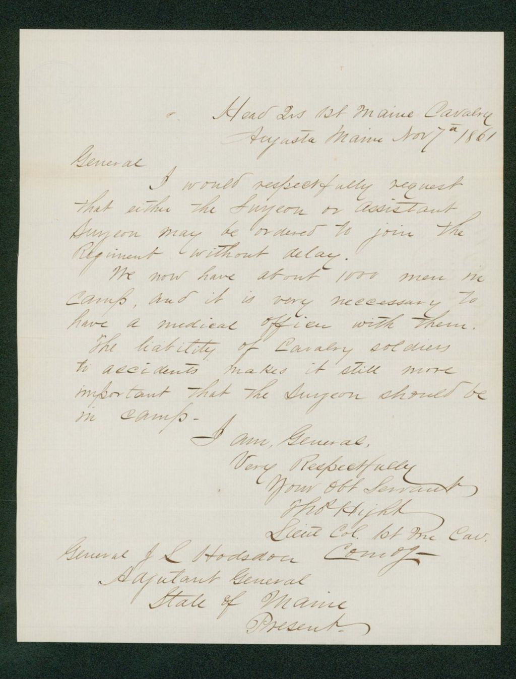 Miniature of Lieutenant Colonel Hight requests that a surgeon be assigned to camp immediately