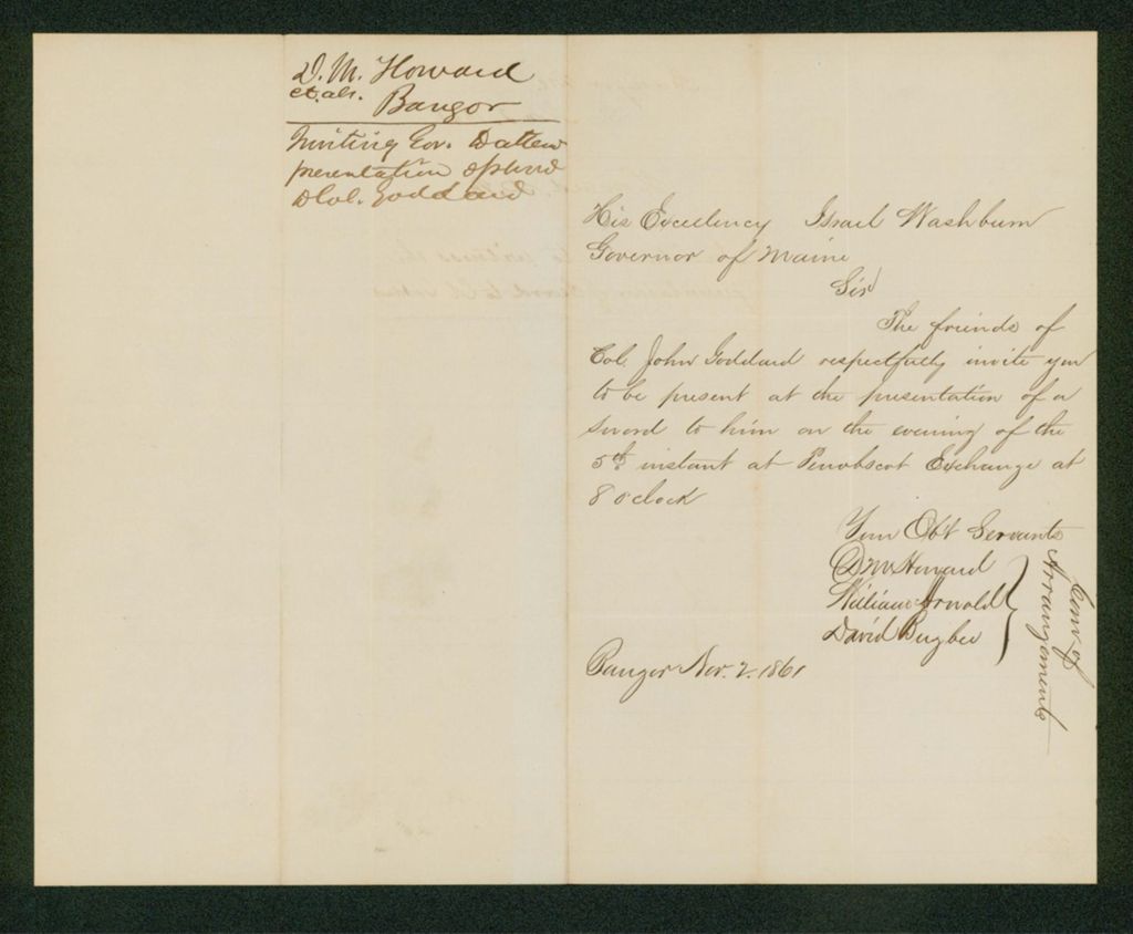 Miniature of D.M. Howard, David Bugbee, and William Arnold invite Governor Washburn to event for John Goddard