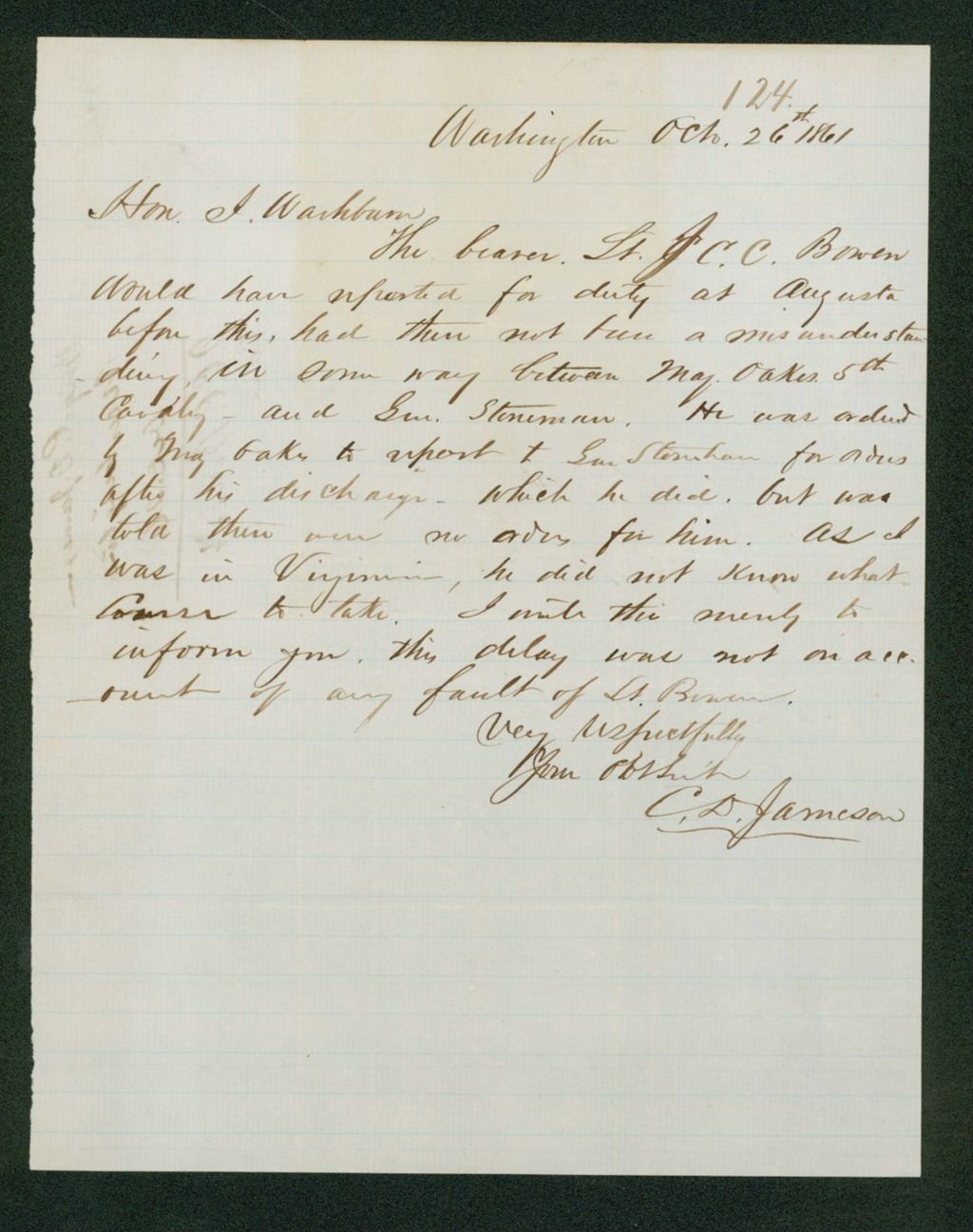 Miniature of Brigadier General C.D. Jameson informs Governor Washburn that Lt. J.C.C. Bowen's delay was due to a mix up in orders
