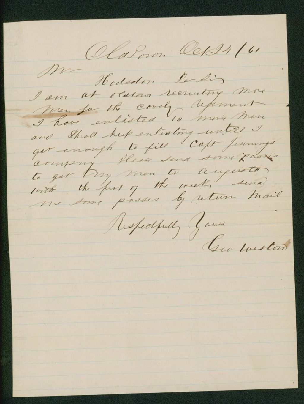 Miniature of George Weston writes that he has enlisted 10 more men for Captain Jennings' Company
