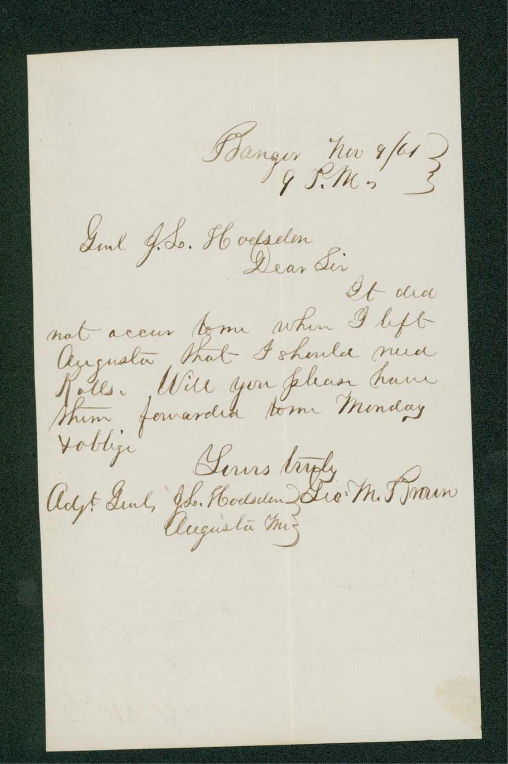 Miniature of George M. Brown requests rolls for recordkeeping