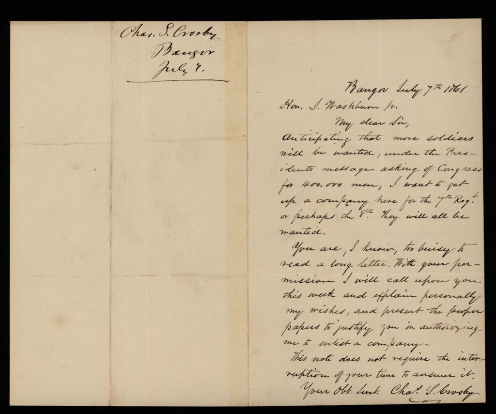 Miniature of Charles Crosby requests permission to raise a company for the 7th or 8th Regiment