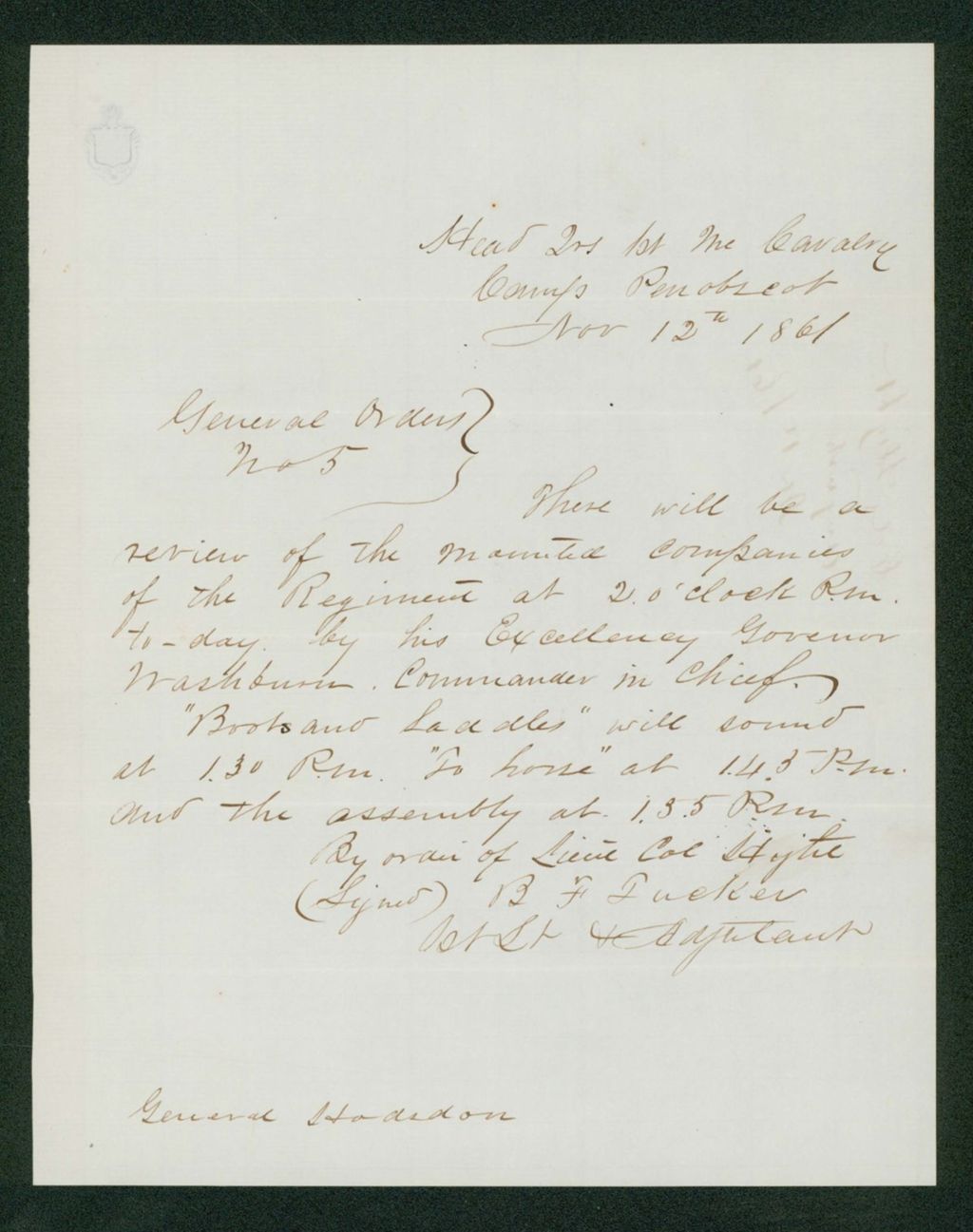 Miniature of General Orders #5 regarding a review of mounted troops by Governor Washburn