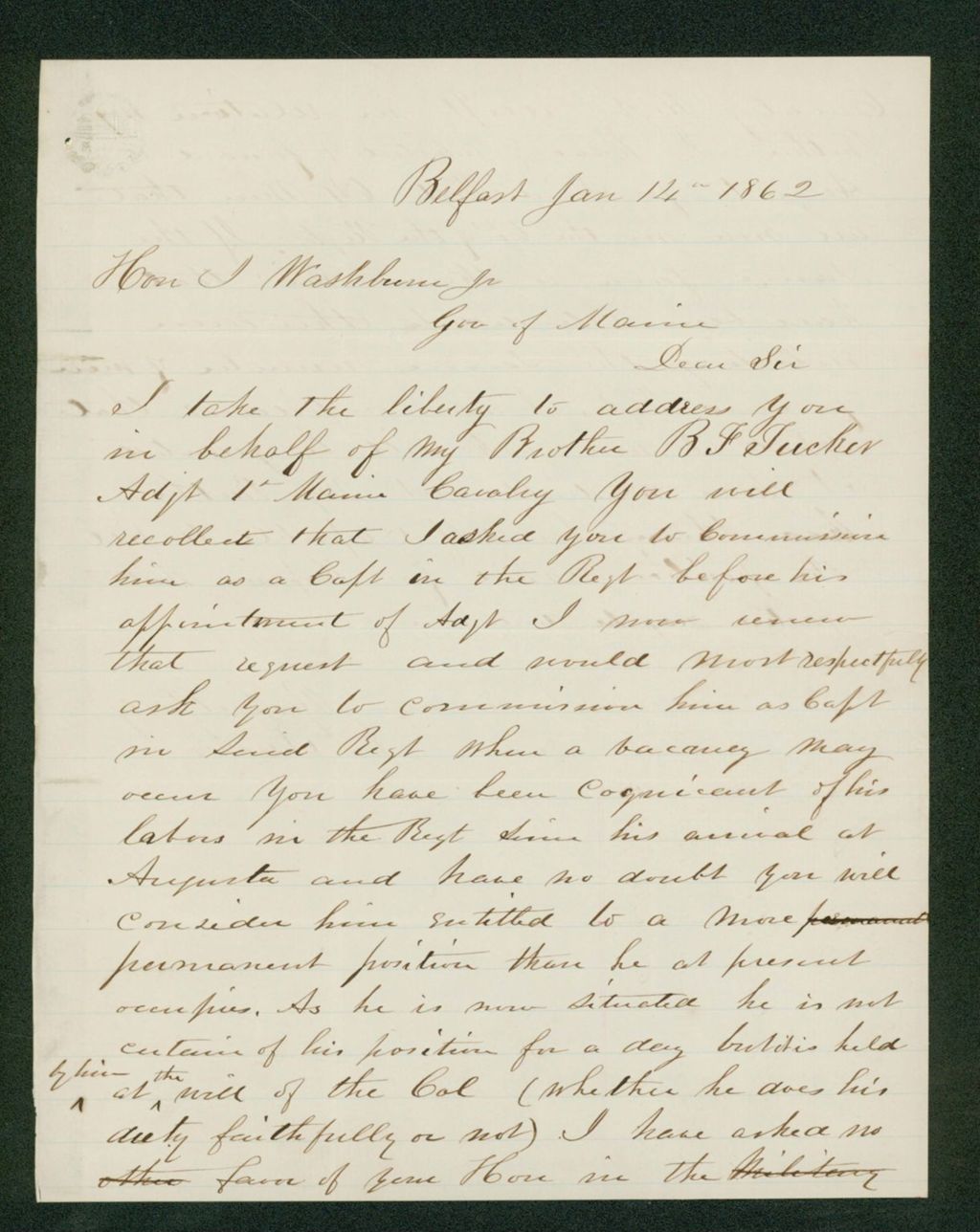 Miniature of J.D. Tucker recommends his brother Adjutant B.F. Tucker for Captain