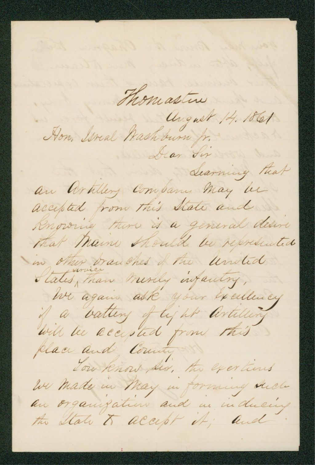 Miniature of Samuel Allen and Jonathan P. Cilley inquire about forming a light artillery company