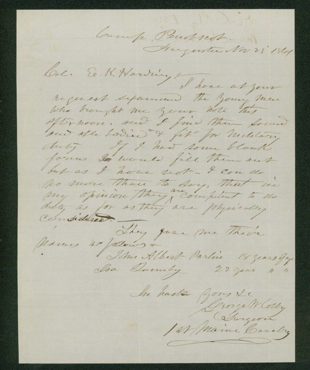Miniature of Surgeon George Colby finds John Albert Parlin and Asa Quimby fit for service