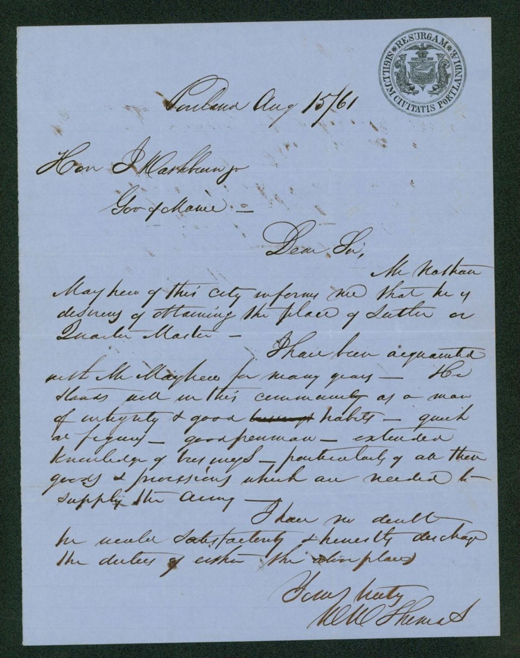 Miniature of M.M. Thomas recommends Nathan Mayhew for position as sutler or Quartermaster