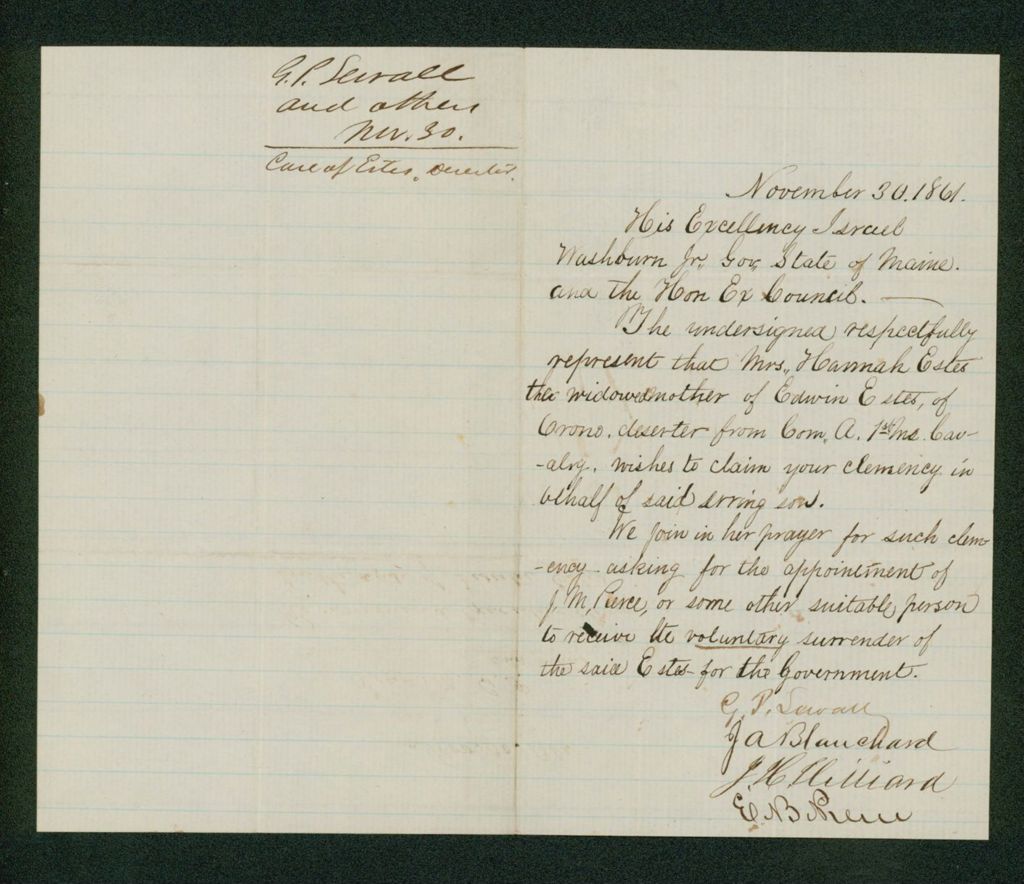 Miniature of G.P. Sewall and others ask clemency for Hannah Estes, mother of deserter Edwin Estes