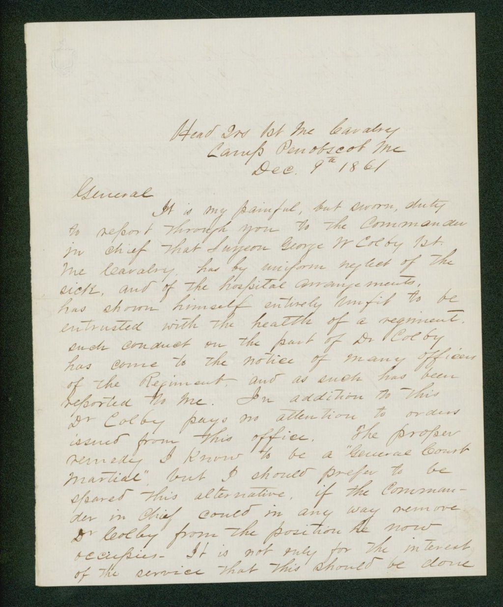 Miniature of Lieutenant Colonel Thomas Hight requests the court-martial of Surgeon George W. Colby for neglect of the sick and unfitness for duty