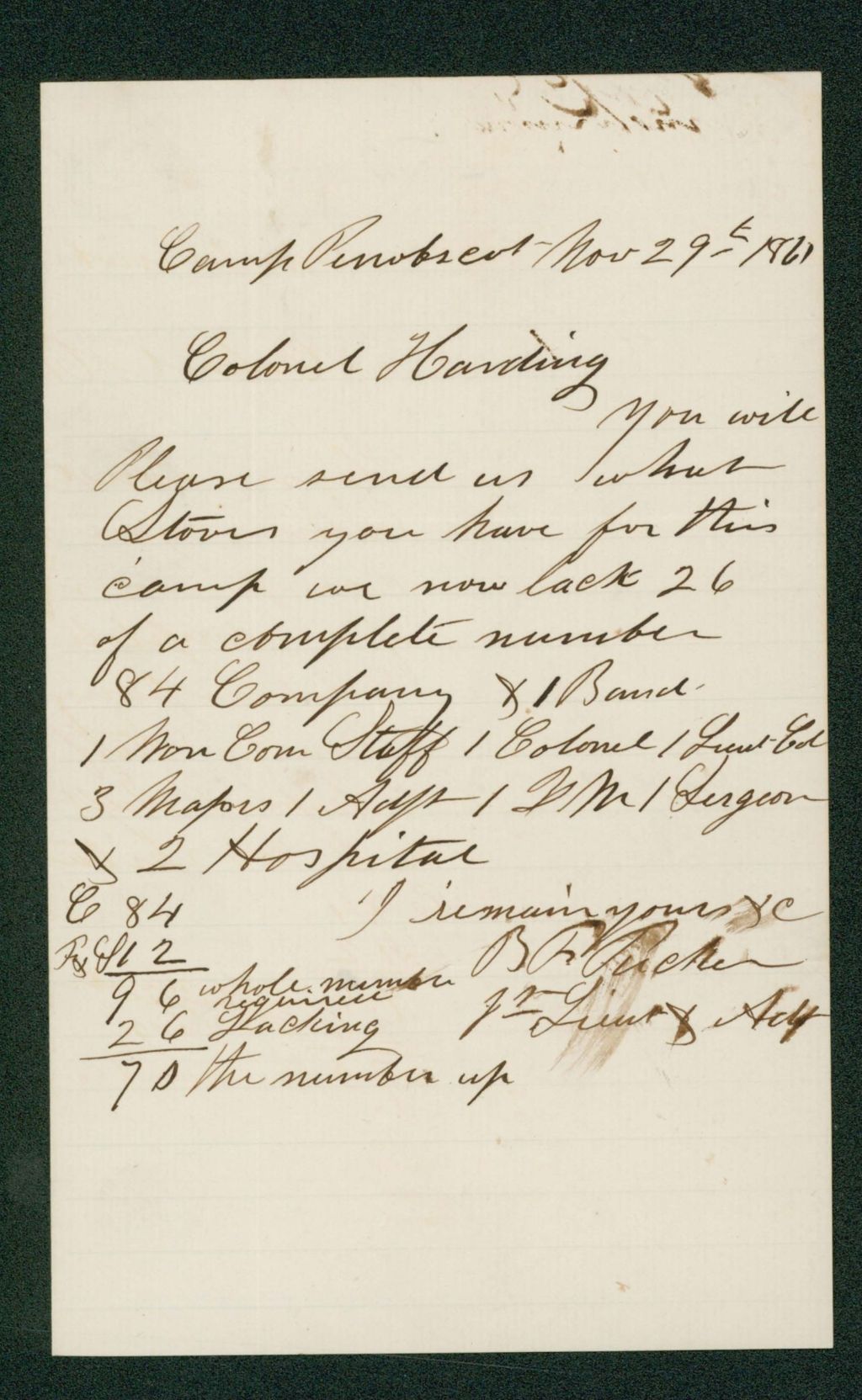 Miniature of Lieutenant Tucker requests stoves for the camp from Colonel Harding
