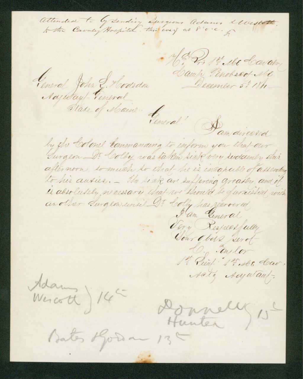 Miniature of Lieutenant Taylor requests a replacement surgeon immediately as Dr. Colby is very ill