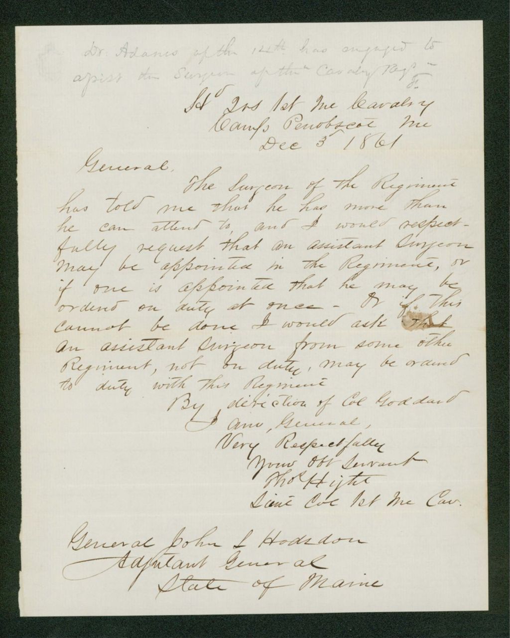 Miniature of Lieutenant Colonel Hight requests an assistant surgeon be appointed immediately