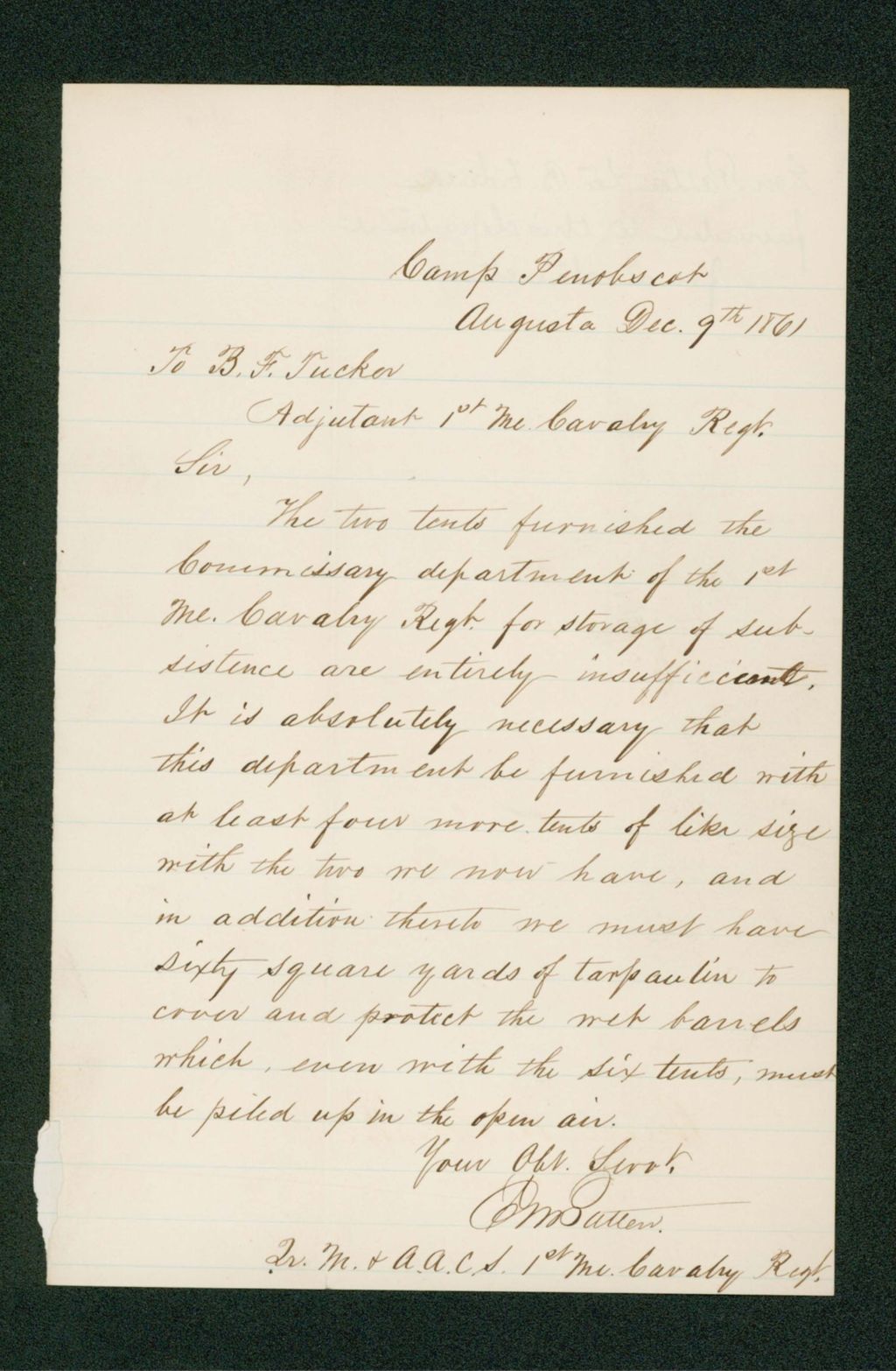 Miniature of Quartermaster Patten requests at least 4 more tents for supplies