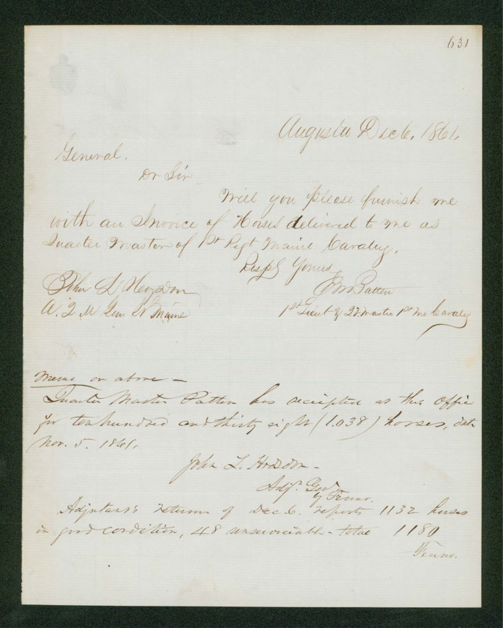 Miniature of Quarter Master Patten requests an invoice of horses delivered