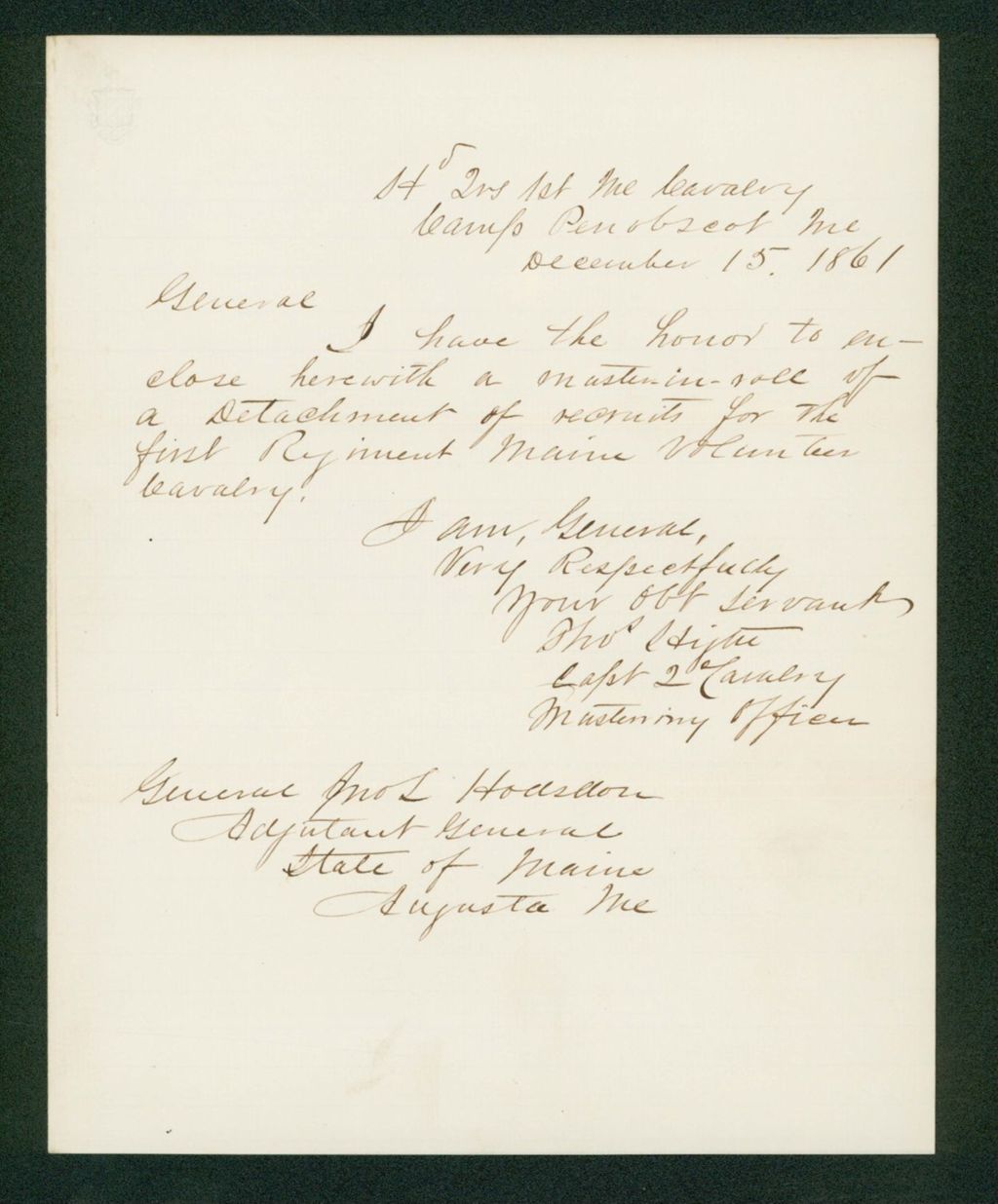 Miniature of Thomas Hight forwards a muster-in roll for a detachment of recruits