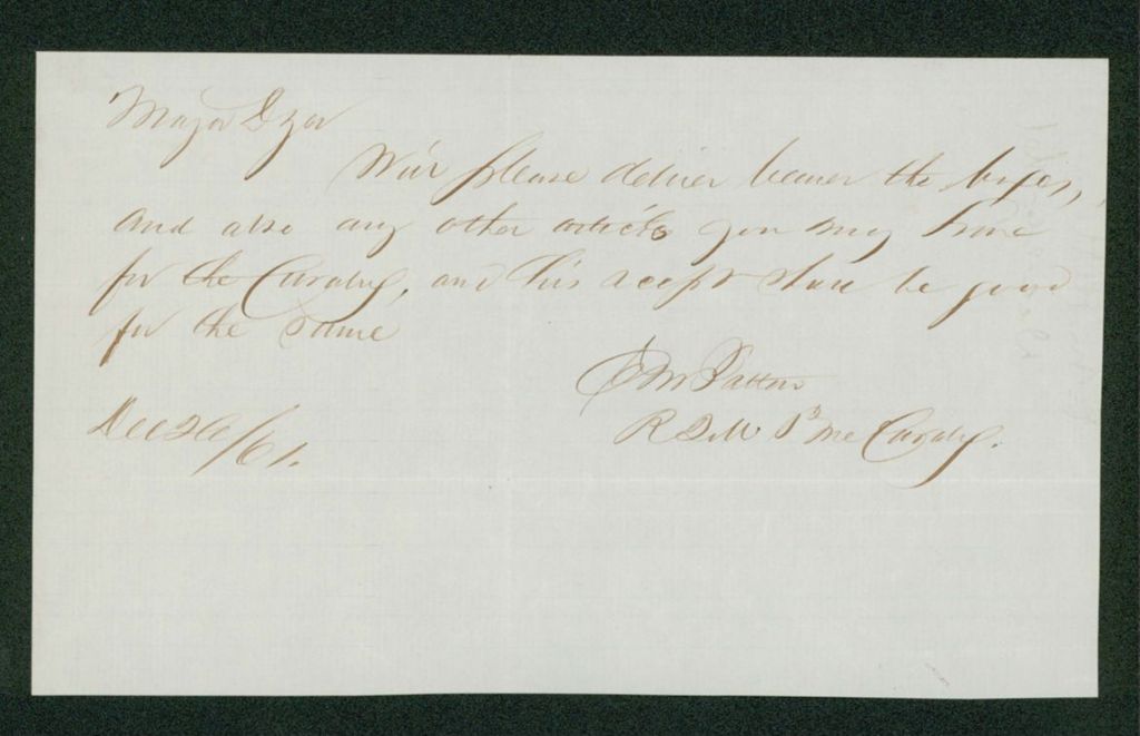 Miniature of Quartermaster Edwin Patten requests items for the Cavalry