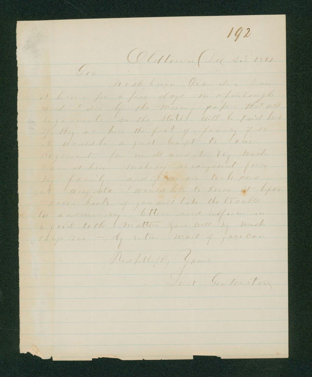 Miniature of Lieutenant George Weston writes Governor Washburn about payment
